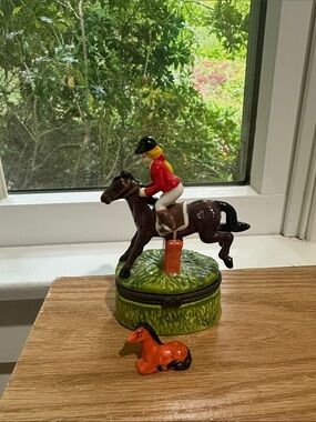 Ceramic Equestrian Jump Trinket Box with Horse Figurine - Red Jacket